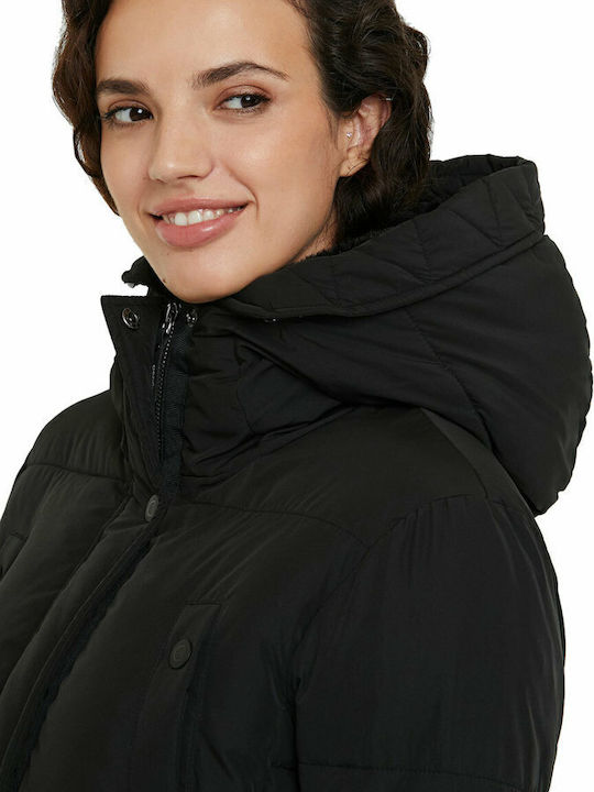 Katia Lungă Jachetă de femei Puffer cu glugă de blană Negru