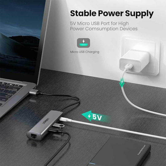 Ugreen CM266 USB Hub 4 USB 3.0 Ports with USB-A Connection Ethernet Gray