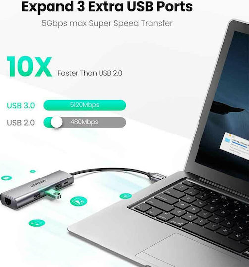 Ugreen CM266 USB Hub 4 USB 3.0 Ports with USB-A Connection Ethernet Gray