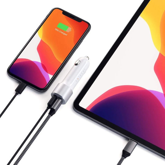 Satechi Auto-Ladegerät 72W 3A mit Anschlüssen: 1xUSB 1xType-C mit Kabel Typ-C,TC-TC Silber Farbe