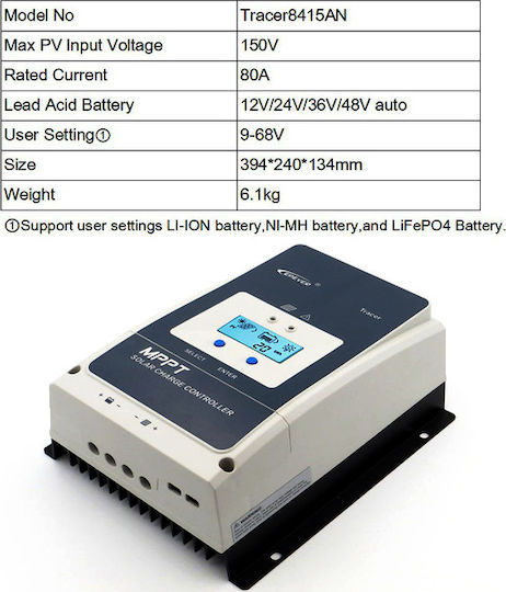 Epsolar Tracer 8415AN Ρυθμιστής Φόρτισης MPPT 48V 80A