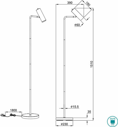 Trio Lighting Marley Floor Lamp H151xW45cm. with Socket for Bulb GU10 Black