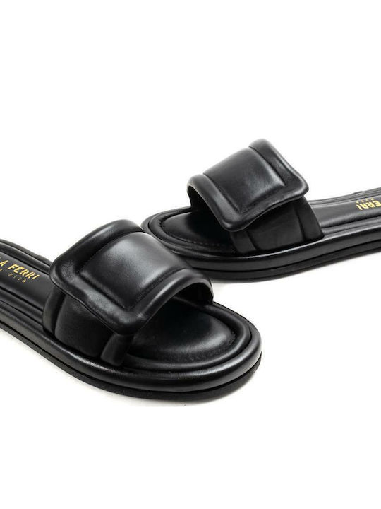 Leather Women's Flat Sandals in Black Color
