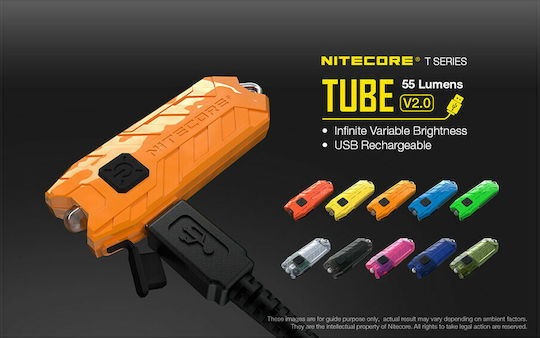 NiteCore Επαναφορτιζόμενος Φακός Μπρελόκ LED IP65 με Μέγιστη Φωτεινότητα 55lm Tube V2.0 Ενσωματωμένη Yellow