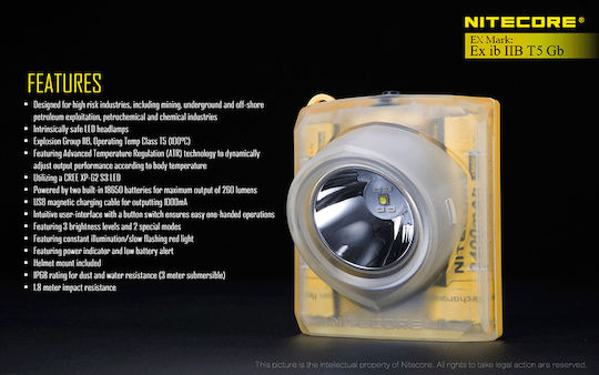 NiteCore Επαναφορτιζόμενος Αντιεκρηκτικός Φακός Κεφαλής LED IPX8 με Μέγιστη Φωτεινότητα 260lm EH1