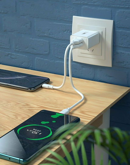 WK Φορτιστής με 2 Θύρες USB-A και Καλώδιο USB-C Λευκός (WP-U56)