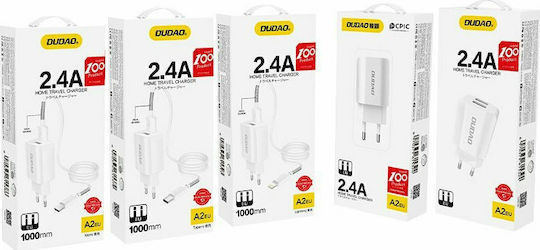 Dudao Φορτιστής με 2 Θύρες USB-A και Καλώδιο Lightning Λευκός (A2EU)