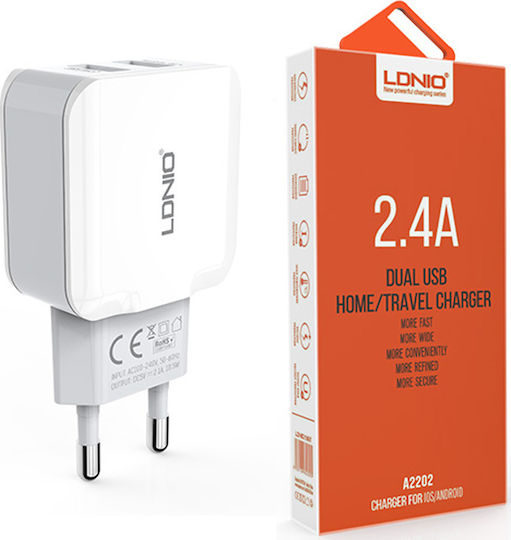 Ldnio Charger Without Cable with 2 USB-A Ports Whites (A2202)