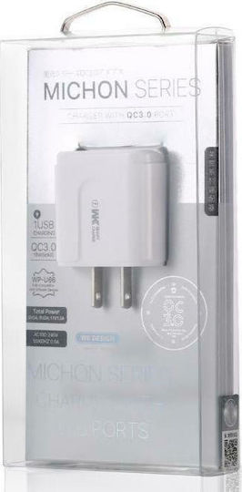 WK Φορτιστής Χωρίς Καλώδιο με Θύρα USB-A 18W Quick Charge 3.0 Λευκός (WP-U66)