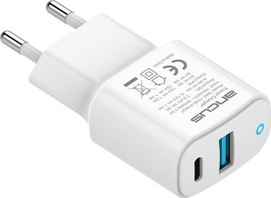 Ancus Φορτιστής Χωρίς Καλώδιο με Θύρα USB-A και Θύρα USB-C 18W Power Delivery Λευκός (72338)