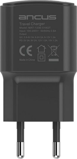 Ancus Φορτιστής Χωρίς Καλώδιο με Θύρα USB-A και Θύρα USB-C 18W Power Delivery Μαύρος (73083)