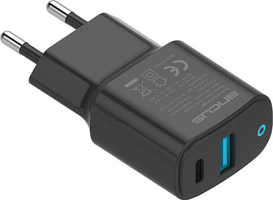 Ancus Φορτιστής Χωρίς Καλώδιο με Θύρα USB-A και Θύρα USB-C 18W Power Delivery Μαύρος (73083)