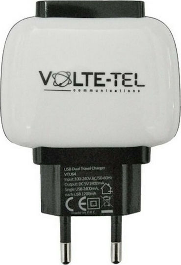 Volte-Tel Ladegerät ohne Kabel mit 2 USB-A Anschlüsse Weißs (VTU64)