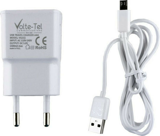Volte-Tel Φορτιστής και Καλώδιο micro USB Λευκός (VCD05+VLU15)