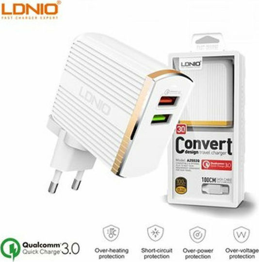 Ldnio Charger with 2 USB-A Ports and Cable micro USB 30W Quick Charge 3.0 Whites (A2502Q)