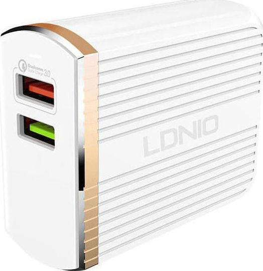 Ldnio Charger with 2 USB-A Ports and Cable micro USB 30W Quick Charge 3.0 Whites (A2502Q)