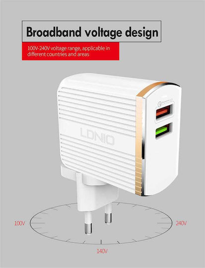 Ldnio Charger with 2 USB-A Ports and Cable micro USB 30W Quick Charge 3.0 Whites (A2502Q)