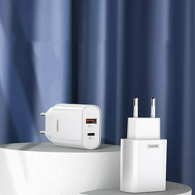 Remax Charger Without Cable with USB-A Port and USB-C Port 18W Quick Charge 3.0 White (RP-U37)