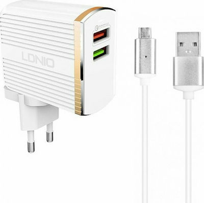 Ldnio Încărcător cu 2 Porturi USB-A și Cablu Fulgerul 30W Quick Charge 3.0 Albς (A2502Q)