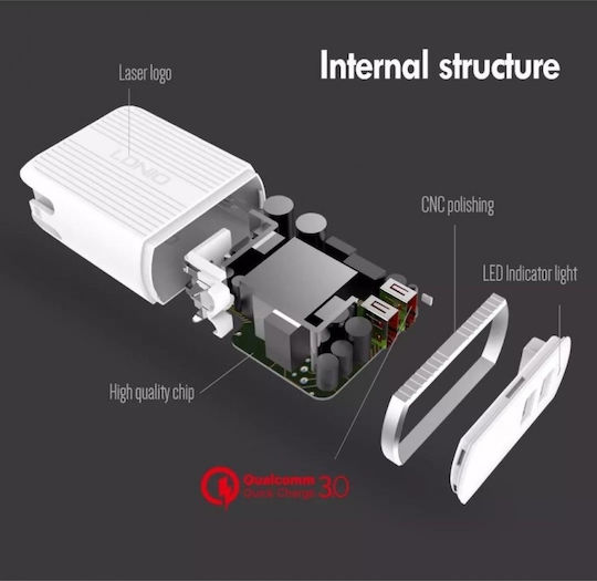 Ldnio Φορτιστής με 2 Θύρες USB-A και Καλώδιο Lightning 30W Quick Charge 3.0 Λευκός (A2502Q)