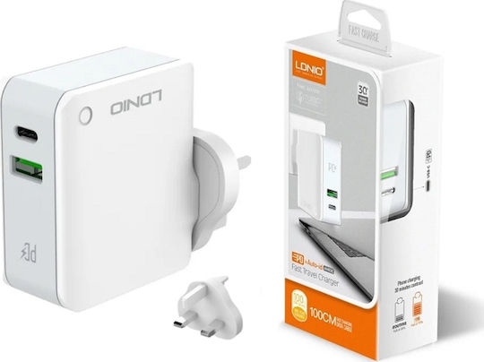 Ldnio Φορτιστής με Θύρα USB-A και Θύρα USB-C και Καλώδιο USB-C - USB-C Power Delivery Λευκός (A4403C)