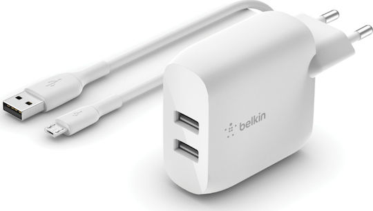 Belkin Charger with 2 USB-A Ports and Cable micro USB 24W Whites (WCE002vf1MWH)