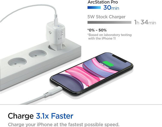 Spigen Incarcător Fără Fir GaN Cu Port USB-C 20W Livrarea Energiei Alb