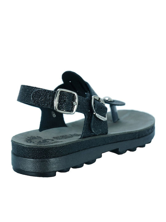 Leather Women's Flat Sandals Anatomic with Strap in Black Color