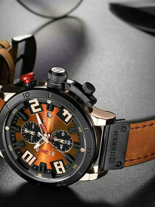 Curren Ανδρικό Ρολόι 46mm Χρονογράφος Μπαταρίας με Δερμάτινο Λουράκι Orange