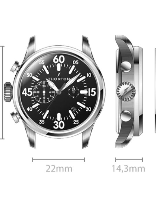 Thorton Ανδρικό Ρολόι 47mm Χρονογράφος Μπαταρίας με Μαύρο Δερμάτινο Λουράκι