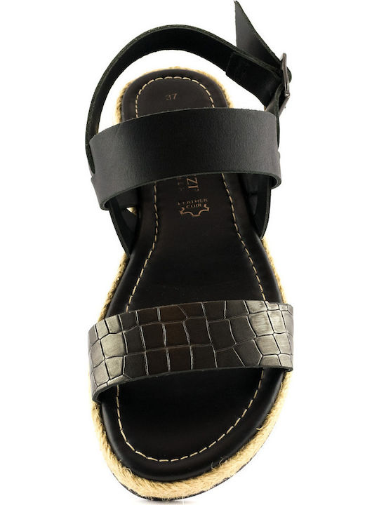 Leather Women's Flat Sandals in Black Color