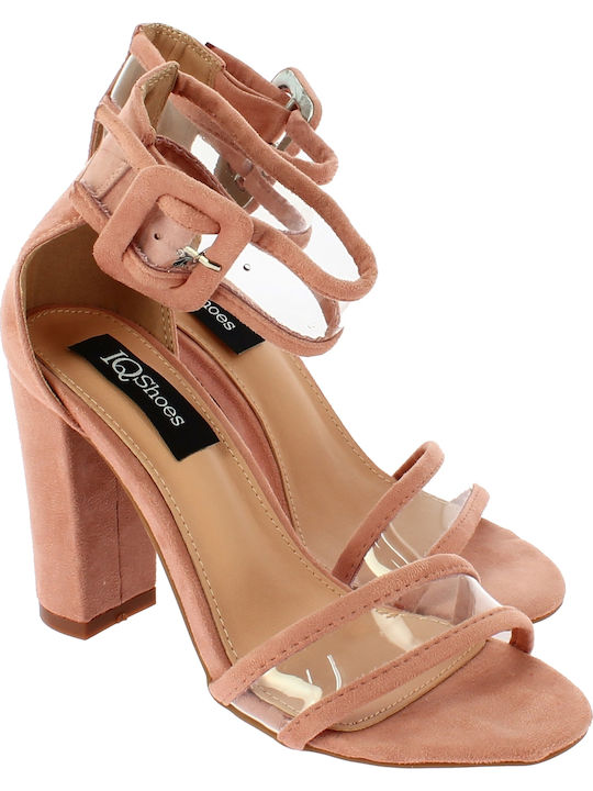 IQ Shoes Suede Women's Sandals Transparent 1A18257 with Ankle Strap Pink with Chunky High Heel