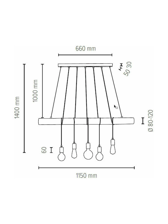 Spot Light Trabo Long Pendant Chandelier Rail for 5 Bulbs E27 Brown