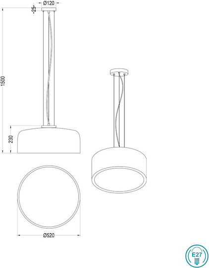 Trio Lighting Baron Pendant Light Black Bell with Socket E27 52x150cm