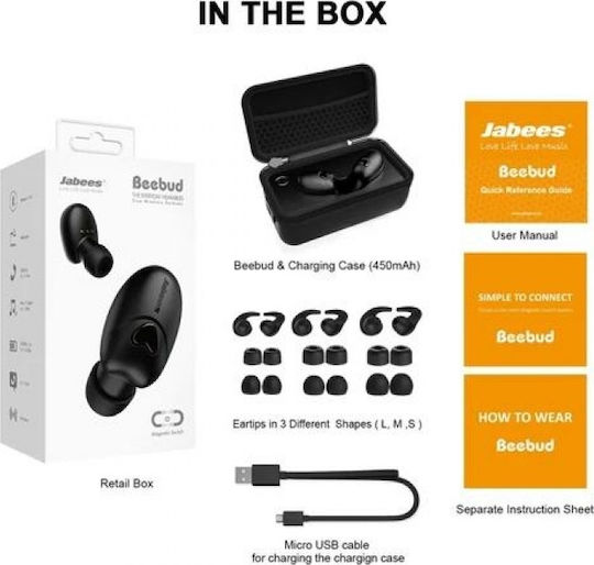 Beebud In-ear Bluetooth Handsfree Ακουστικά με Θήκη Φόρτισης Μαύρα