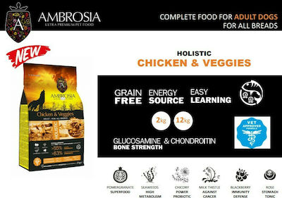 Ambrosia Chicken & Veggies Adult All Breeds 2kg Dry Food Grain Free for Adult Dogs with Chicken and Vegetables