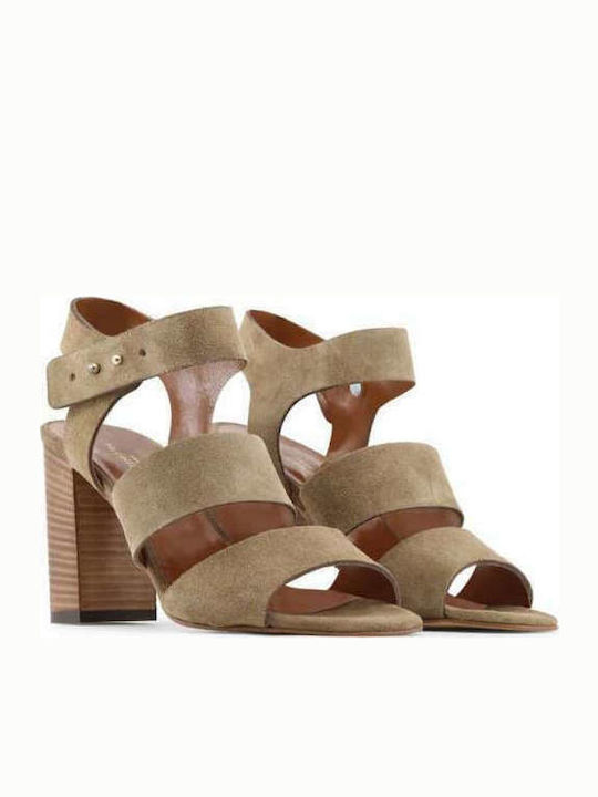 Made In Italia Suede Women's Sandals Teresa with Ankle Strap Brown with Chunky High Heel TERESA