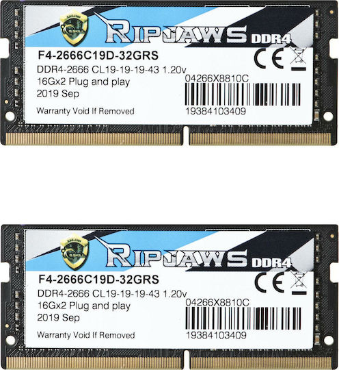 G.Skill Ripjaws 32GB DDR4 RAM cu 2 module (2x16GB) și Viteză 2666 pentru Laptop