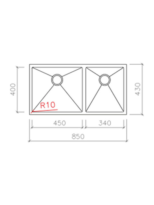 Macart Star 10 U-200 Υποκαθήμενος Νεροχύτης Αριστερός Inox Σατινέ Μ85xΠ43cm Ασημί