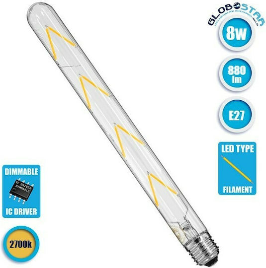 GloboStar Λάμπα LED 8W 300mm για Ντουί E27 και Σχήμα T30 Θερμό Λευκό 880lm Dimmable