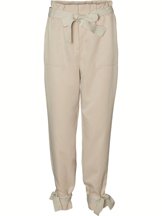 Women's High-waisted Fabric Trousers Paperbag Fit Beige
