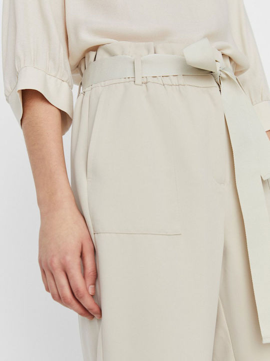 Women's High-waisted Fabric Trousers Paperbag Fit Beige