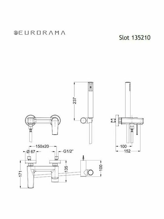 Eurorama Slot Mixing Bathtub Shower Faucet Complete Set Silver