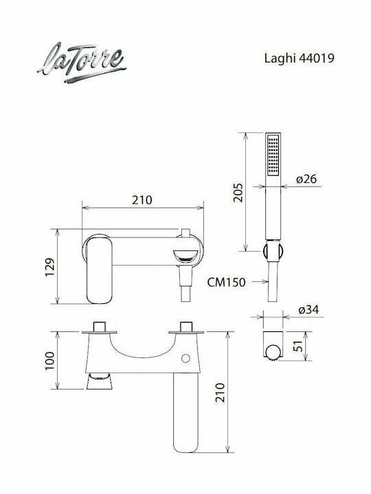 La Torre Laghi 44019 Αναμεικτική Μπαταρία Μπανιέρας Πλήρες Σετ Ασημί