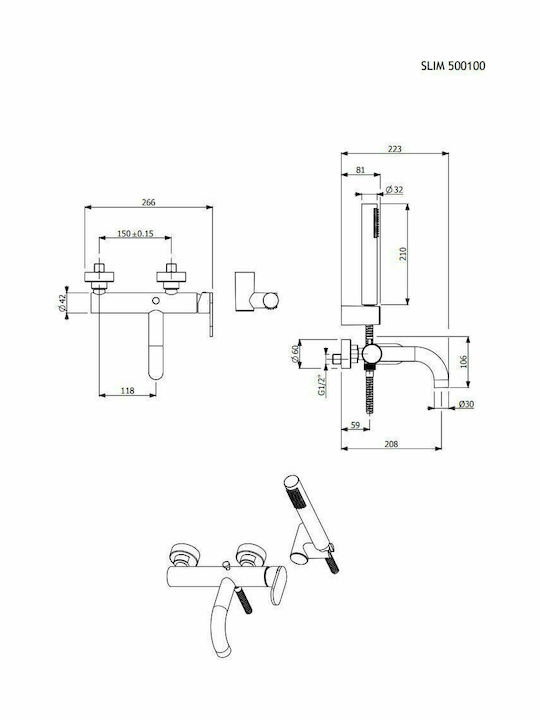 Armando Vicario Slim Mixing Bathtub Shower Faucet Complete Set White