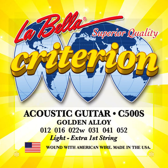 La Bella Criterion Golden Alloy Set of Steel Acoustic Guitar Strings 12 - 52 Light