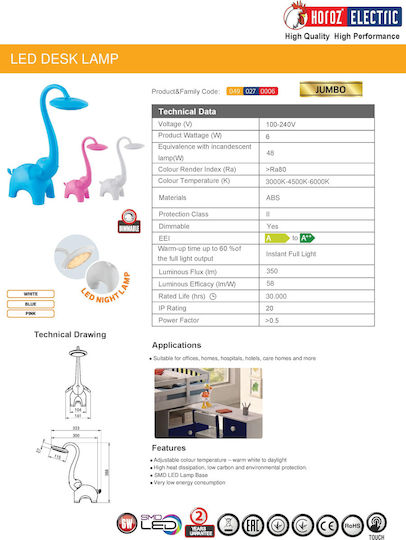 Horoz Electric Led Kids Desk Lamp Elephant Blue