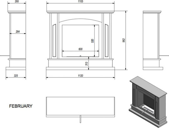 Kratki February Tuv Boden Bioethanol Kamine Innenbereich Weiß 112x32.5x96.2cm