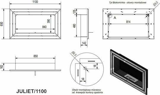 Kratki Juliet 1100 Tuv Indoor Wall Mounted Bioethanol Fireplace Silver 110x14.2x65cm