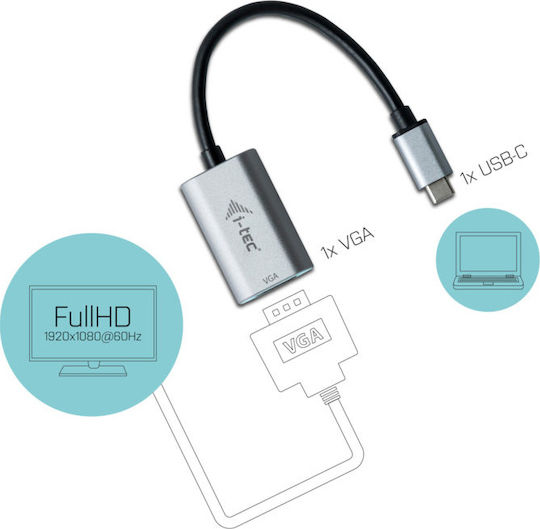 i-tec Μετατροπέας USB-C male σε VGA female Γκρι 1τμχ C31METALVGA60HZ
